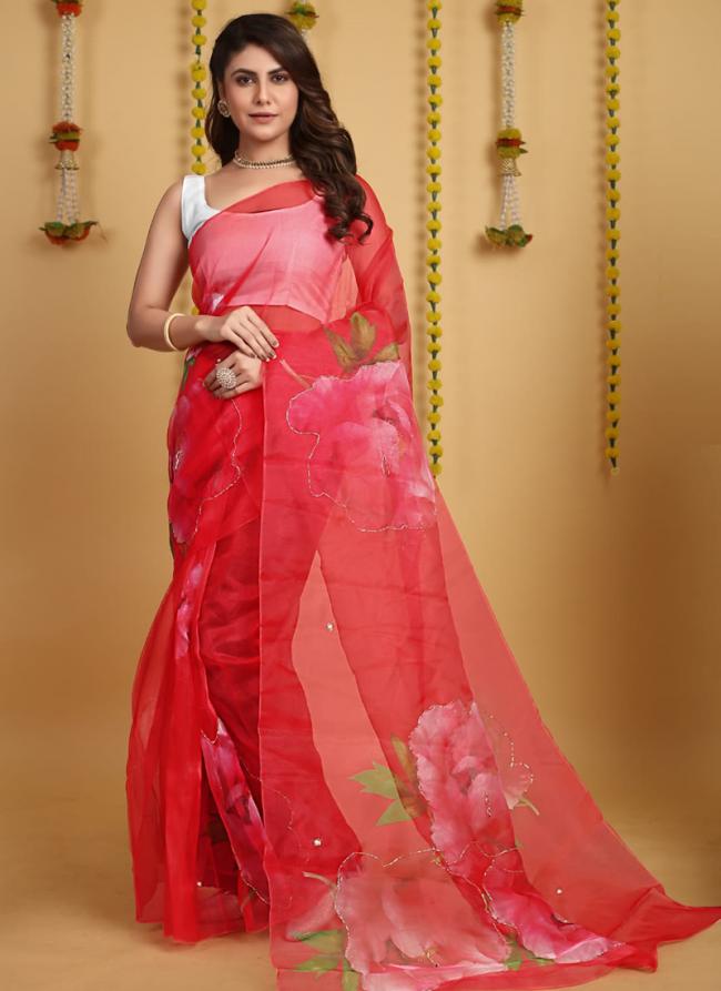 Pure Organza Red Party Wear Printed Saree